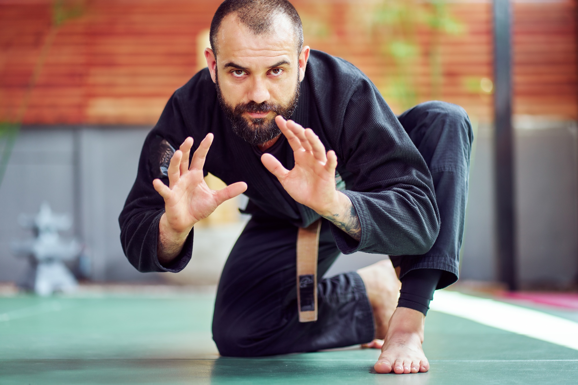 Martial artist practicing a kata in a dojo